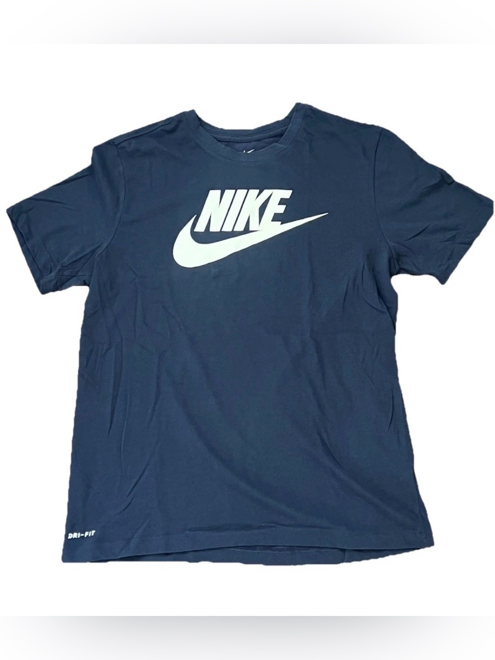 Nike Dri-Fit T-Shirt Mens Size Large  Blue Solid Logo Tee Short Sleeve Crew Neck